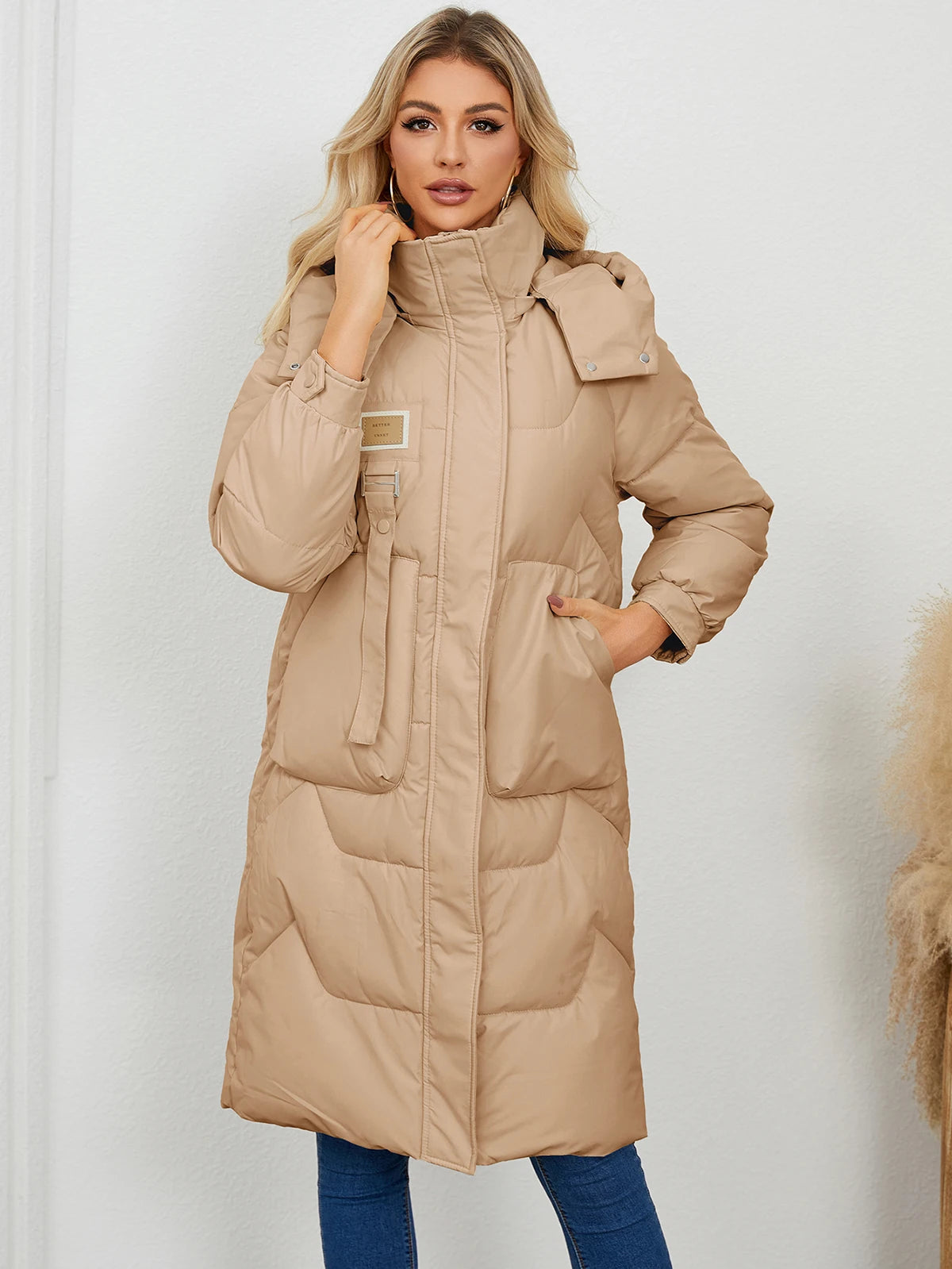 Autumn Winter Women’s Padded Jacket Stand Collar Wide-Waisted Hooded Long Coat