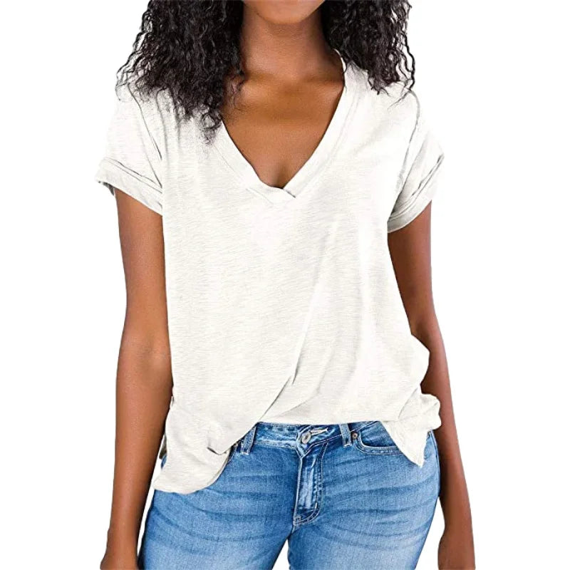 2023 Spring/Summer Women’s V-Neck Spliced Short-Sleeve T-Shirt – Loose-Fit Solid Color Top for Europe & America