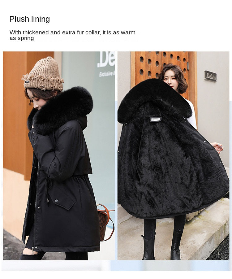 Women's Fine Wool Parka with Hood and Fur Collar, Warm Snowy Quilted Long Coat, Fashion Winter Outerwear 2023