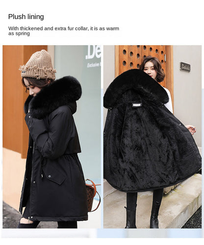 Women's Fine Wool Parka with Hood and Fur Collar, Warm Snowy Quilted Long Coat, Fashion Winter Outerwear 2023