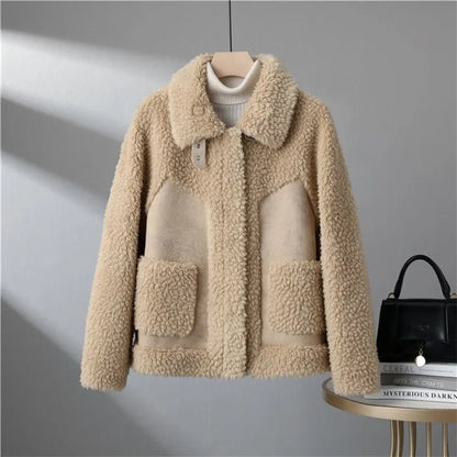 Casaco de lã de cordeiro curto feminino, jaqueta shearling granular, gola virad