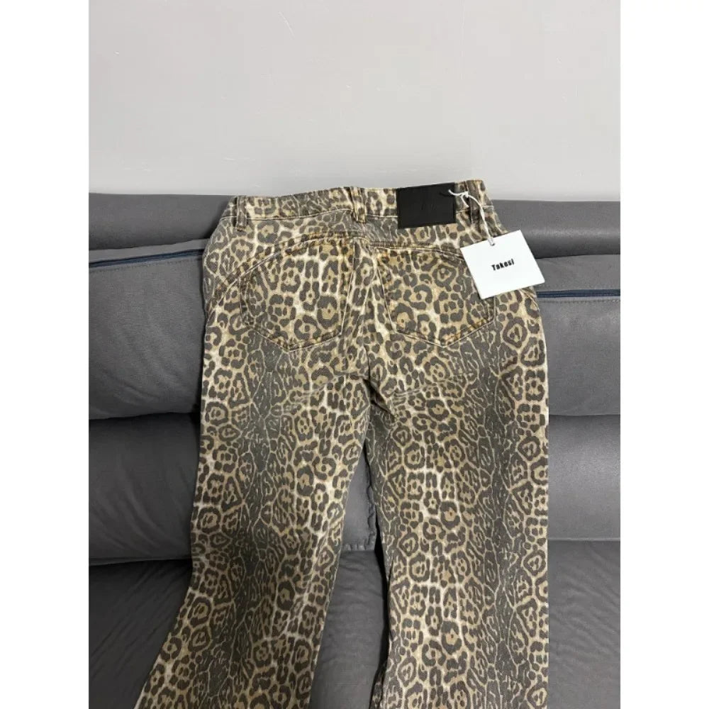 Wide-Leg High-Waisted Leopard Print Retro Jeans for Women, Y2K Oversized Casual Pants, Spring 2024