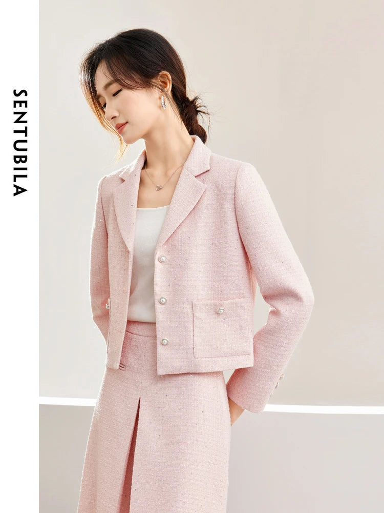 SENTUBILA Pink Elegant Cropped Tweed Jacket 2024 Spring Notched Single Breasted