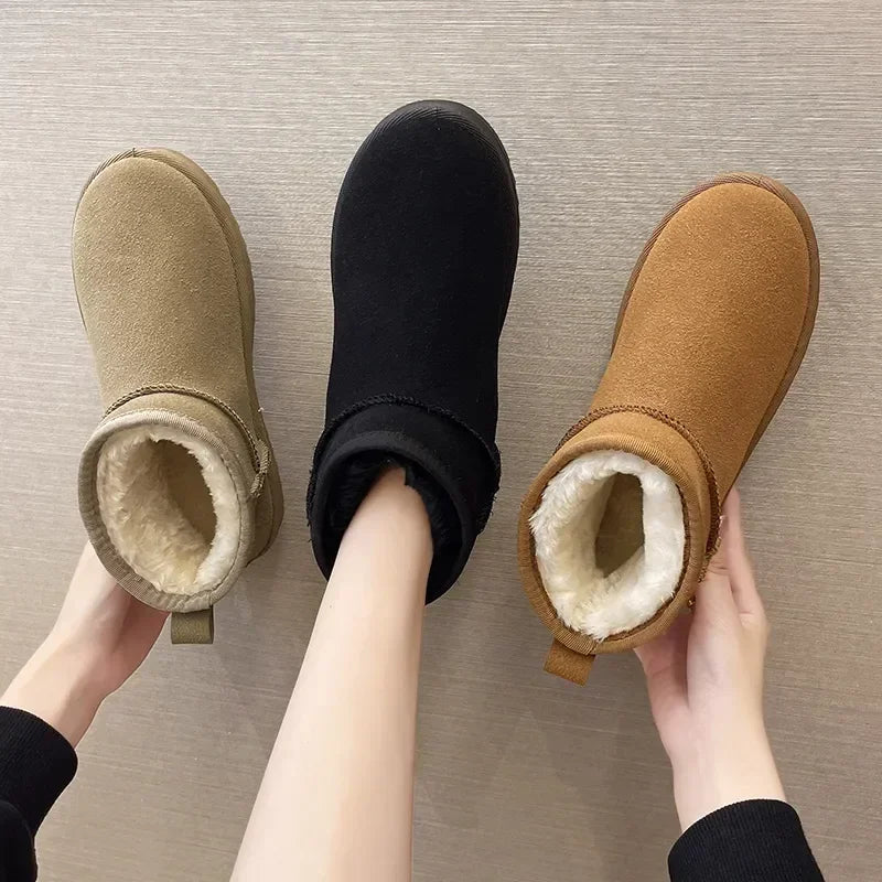 New Women's Winter Sheepskin Snow Boots – Waterproof Natural Wool, Fur-Lined Mini Ankle Booties, Warm Flat Shoes