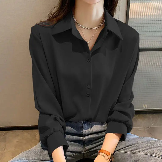 New Spring Black Chiffon Blouse – Elegant Long Sleeve Korean Fashion Top for Women