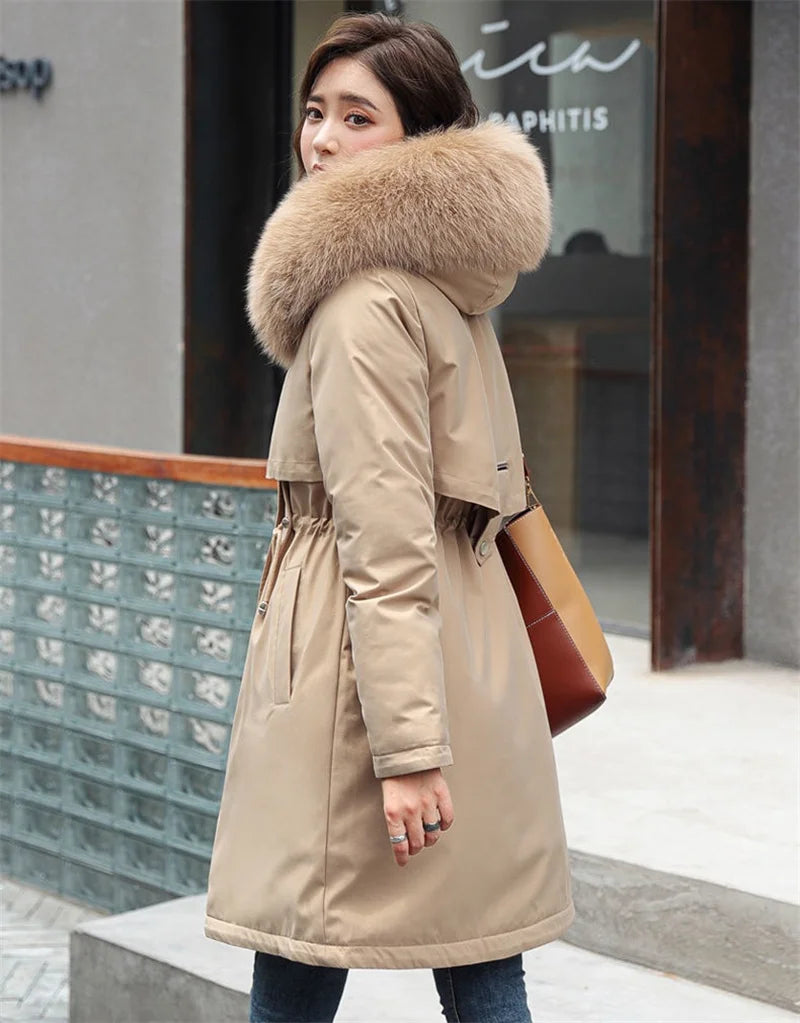 Women's Long Quilted Wool Coat with Fur Collar - Thick, Warm Winter Jacket, New for 2023, Available in 6XL