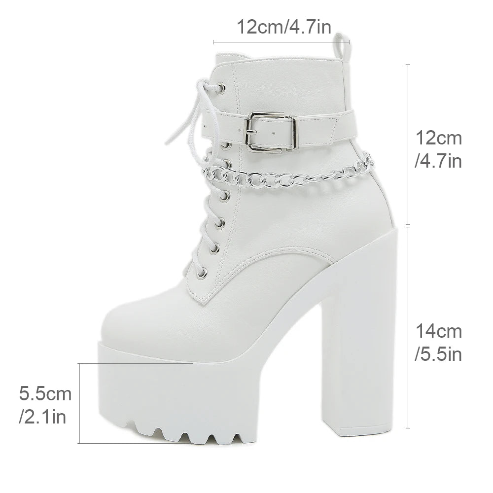 Women's Chain-Embellished Block Heel Boots – Fashionable Lace-Up, Side Zipper Platform Ankle Booties with High Heels