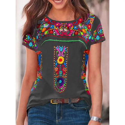 2024 Summer Women’s Bohemian Print Round Neck Short-Sleeve T-Shirt – Trendy European & American Style