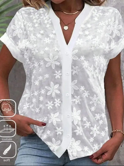 Women's White Cropped Lace Blouse – Eyelet Cut Embroidered Hollow-Out Summer Top