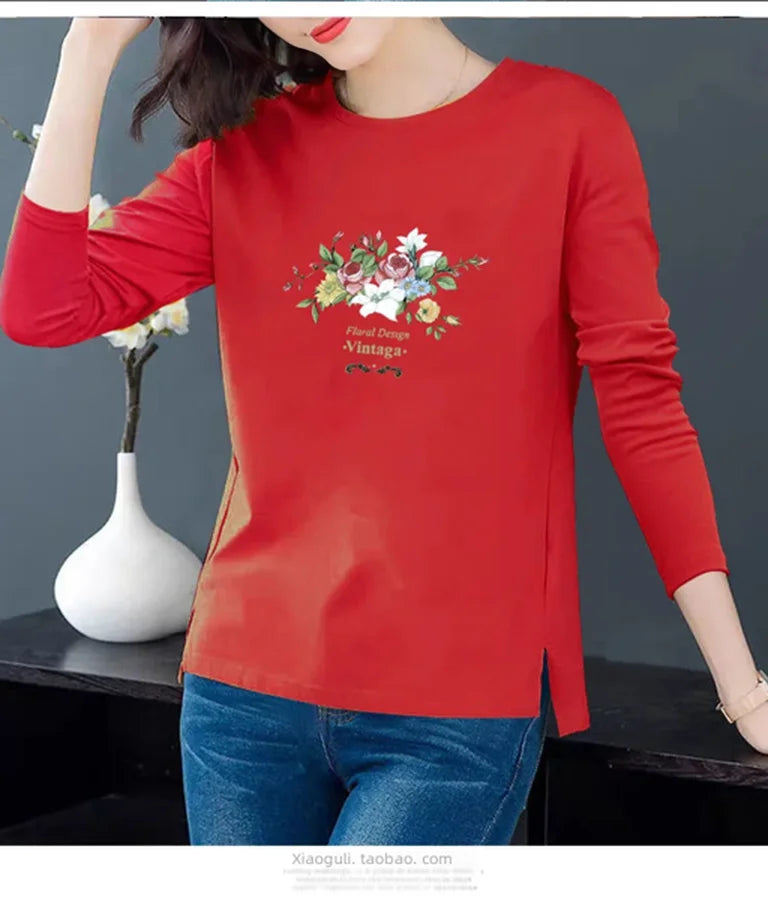 Women's 100% Cotton Long-Sleeve T-Shirt – Slim-Fit Round-Neck Base Layer for Spring & Casual Wear