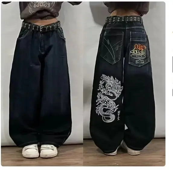 SOUTHPOLE-Jeans feminino, Y2K, Harajuku, Hip-Hop, calça preta, chão lavado, je