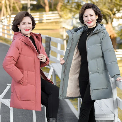 Monochrome Hooded Cotton Padded Parka for Middle-Aged and Grandmother, Long Coat with Fleece, Warm and Loose Fit, Winter Snow Coat