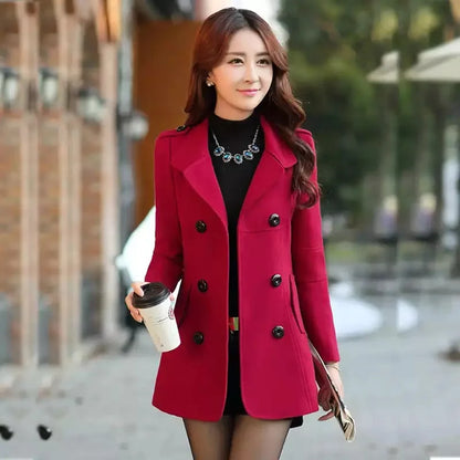 Autumn Winter Women Double Breasted Woolen Coat Solid Color Lapel Slim Fit Short