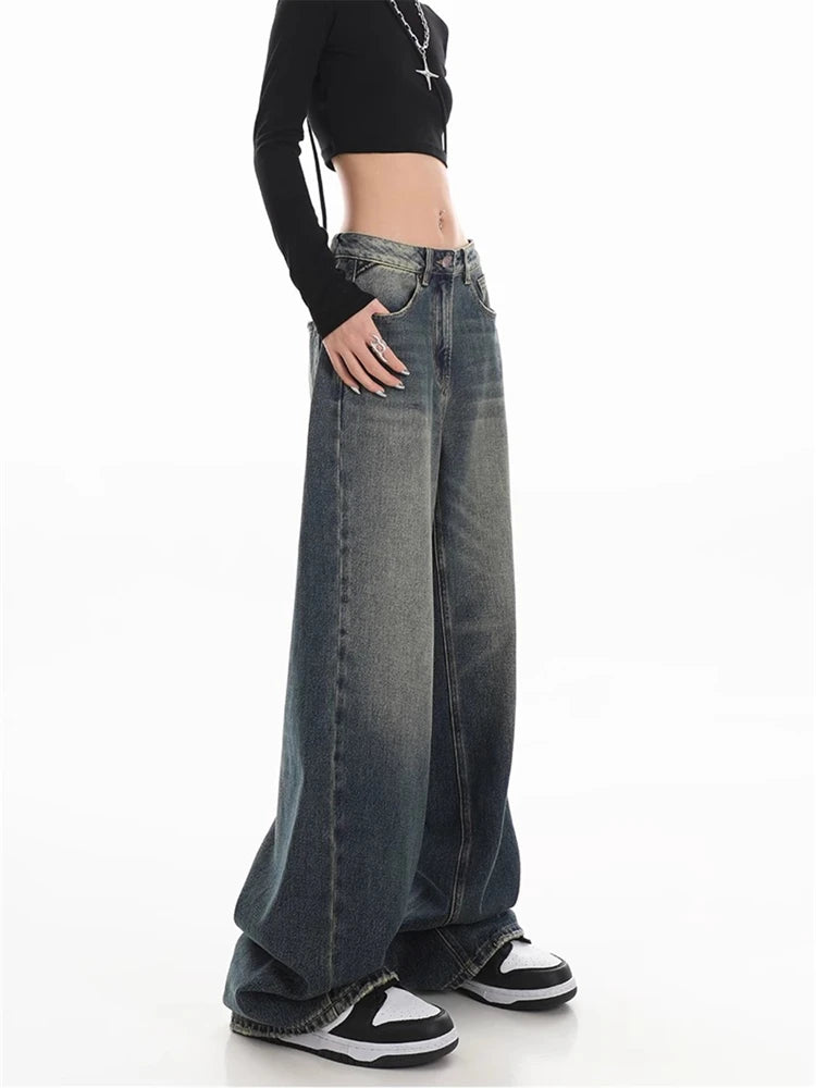 Women's American Retro Straight Baggy Jeans Vintage Street Cool Girl Ins High Waist Loose Pants Female Casual Denim Trousers