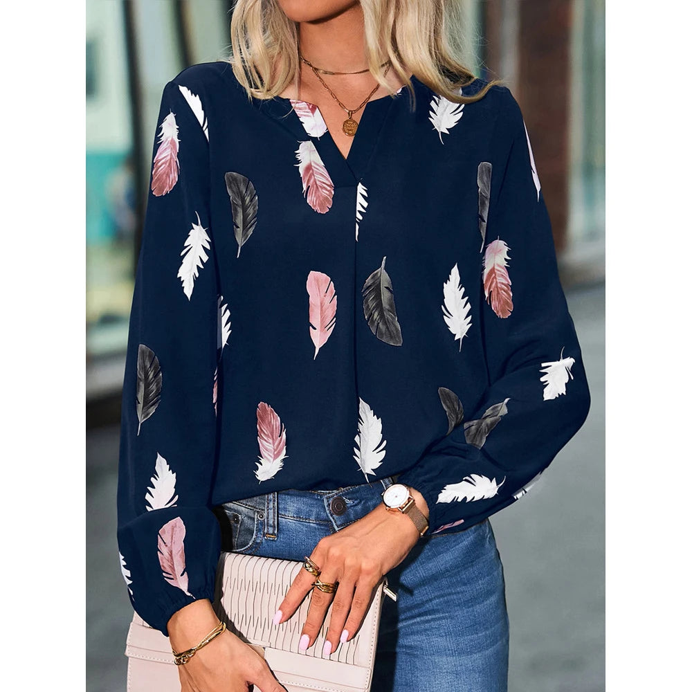 Women’s Feather-Pattern Chiffon Blouse – Elegant Long-Sleeve Fashion Top