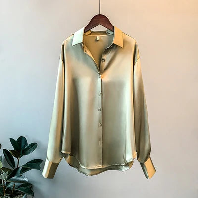 2023 Autumn Satin Overshirt – Elegant Korean-Style, Luxury Designer Long-Sleeve Office Blouse for Women