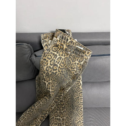 Wide-Leg High-Waisted Leopard Print Retro Jeans for Women, Y2K Oversized Casual Pants, Spring 2024