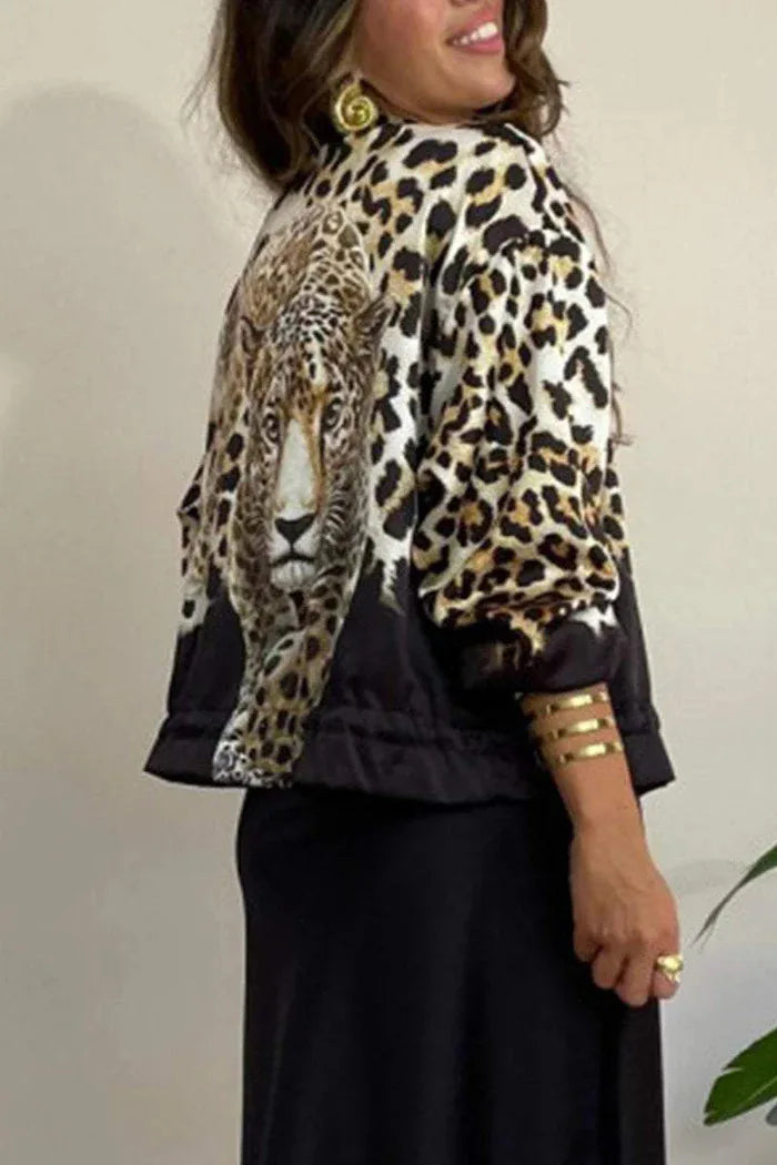 Women Leopard Print Jackets Long Sleeve Zipper Outerwear O-neck 2024 Spring Autu