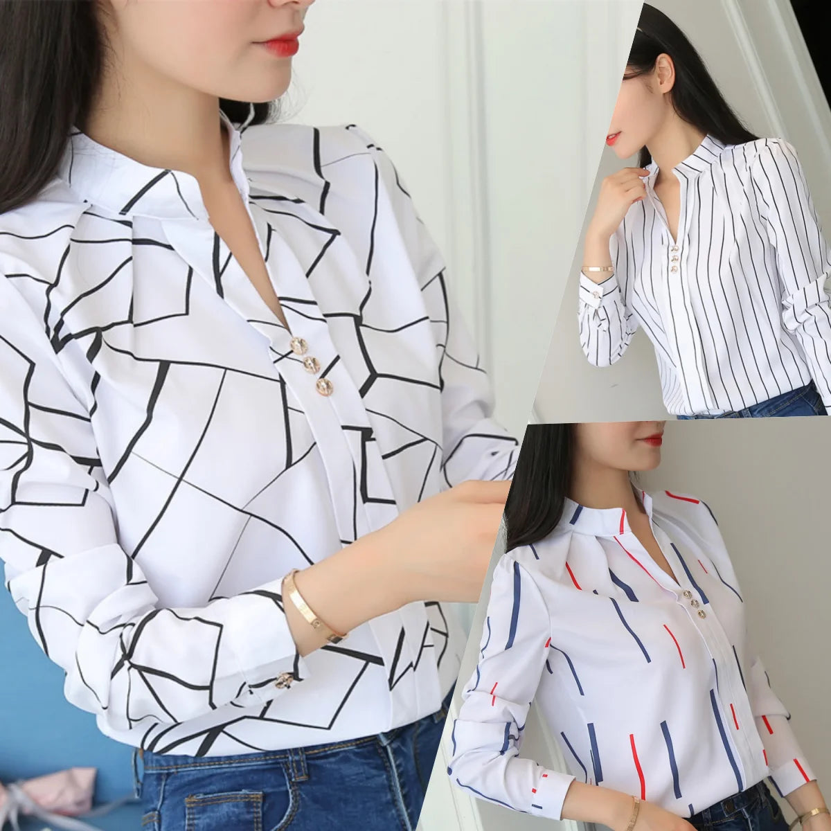 2024 Spring/Autumn Women's Casual Striped Blouse – Loose Long Sleeve Stand Collar Top in White