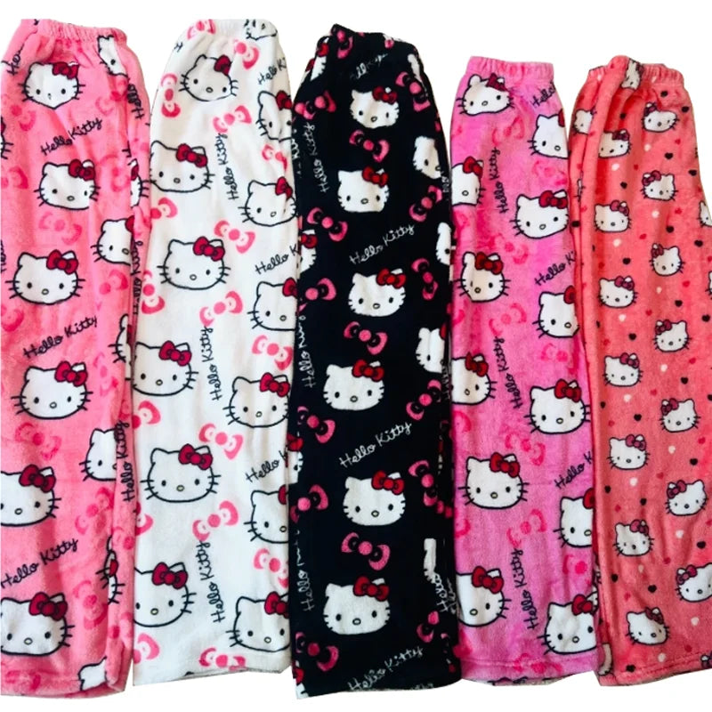 Hello Kitty Pijama de flanela feminina, calça de lã quente, anime kawaii, pret