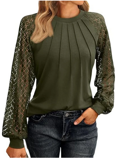 Elegant Women's Lace Blouse – Round Neck Lantern Sleeve Pleated Top for Autumn Casual Wear