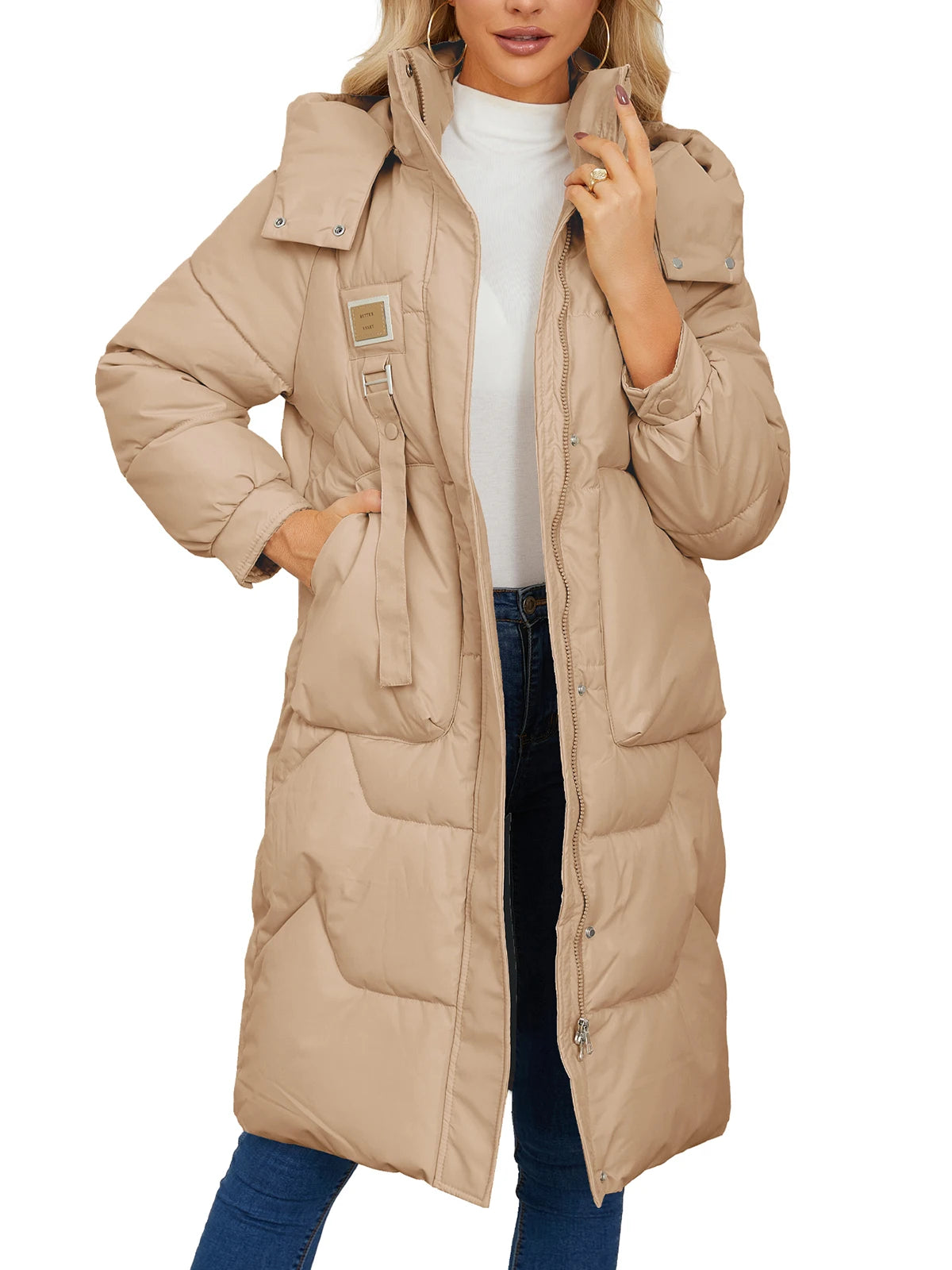 Autumn Winter Women’s Padded Jacket Stand Collar Wide-Waisted Hooded Long Coat