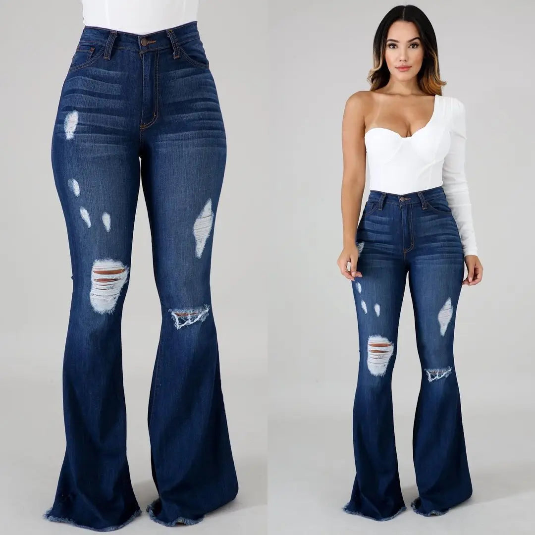 2023 New High Waist Ripped Flared Jeans For Women Fashion Slim Hip Lift Stretch Denim Pants Street Casual Female Trousers S-3XL