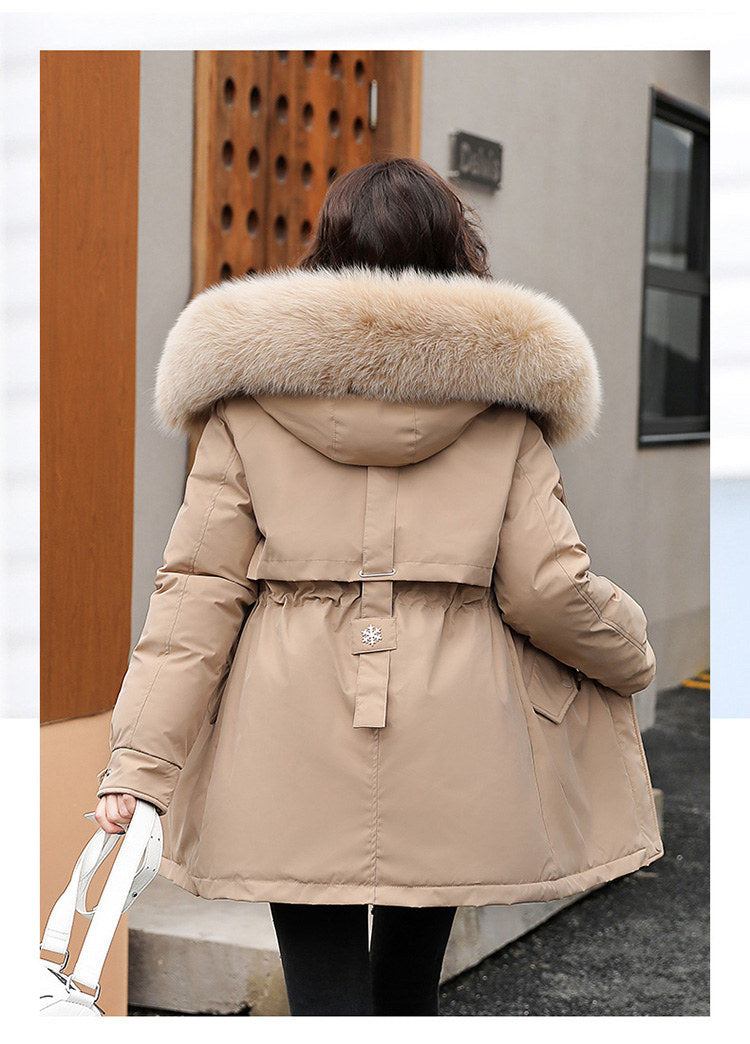 Women's Fine Wool Parka with Hood and Fur Collar, Warm Snowy Quilted Long Coat, Fashion Winter Outerwear 2023