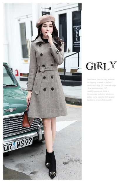 Korean Wool Blends Women Coats Lapel Double-Breasted Lined Trench Belt Ladies St