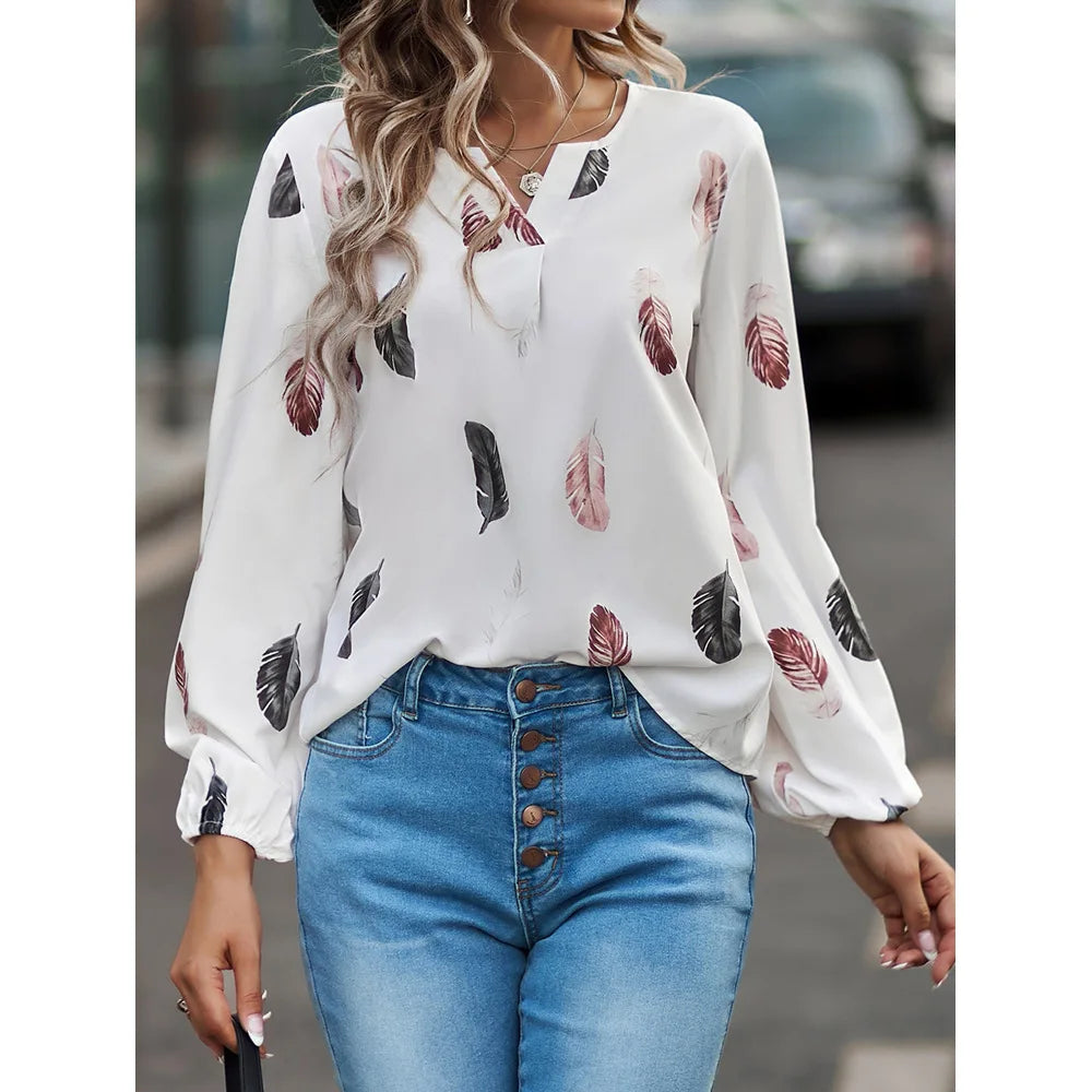 Women’s Feather-Pattern Chiffon Blouse – Elegant Long-Sleeve Fashion Top