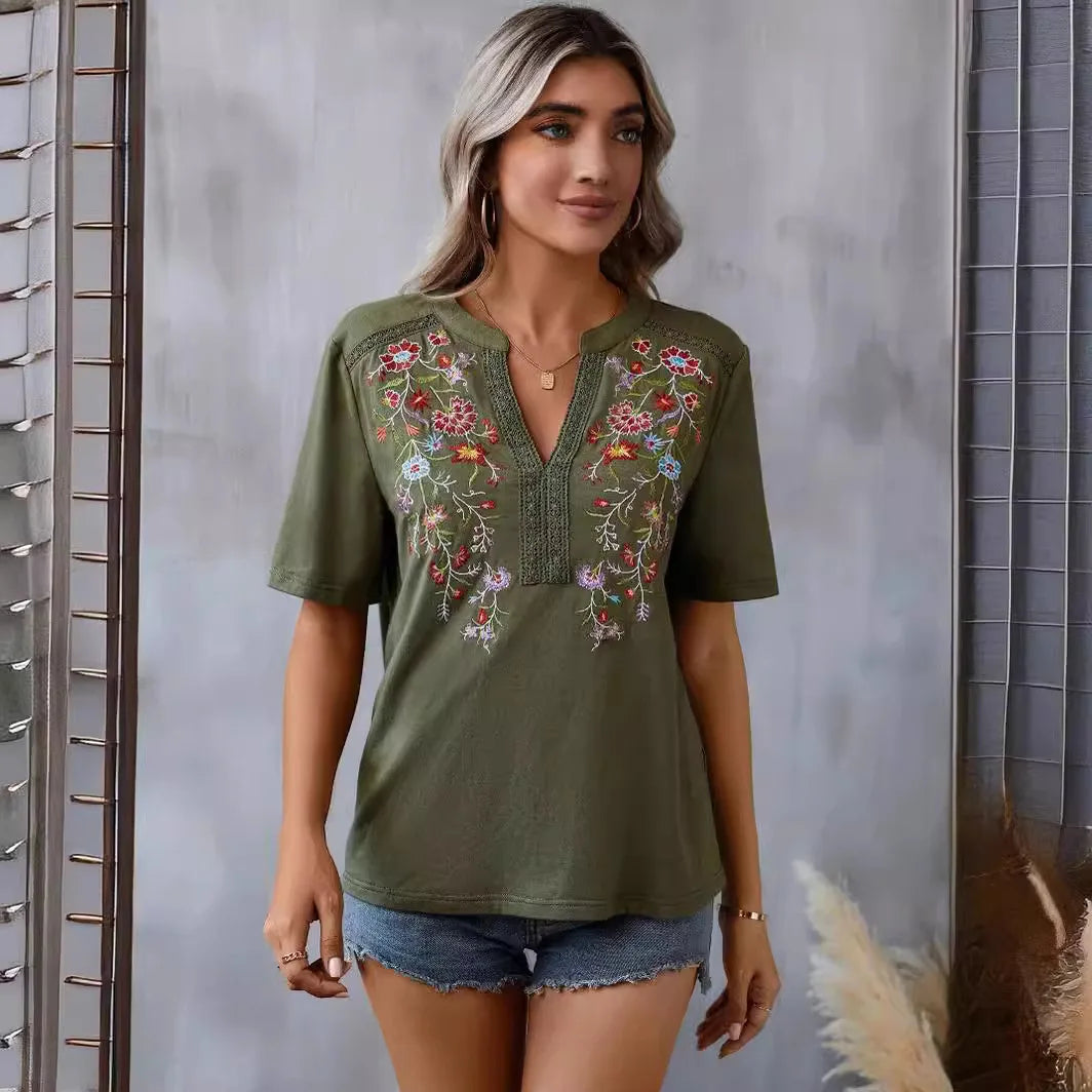 Vintage Summer V-Neck Lace Blouse – Casual Embroidered Loose Top for Vacation & Everyday Wear