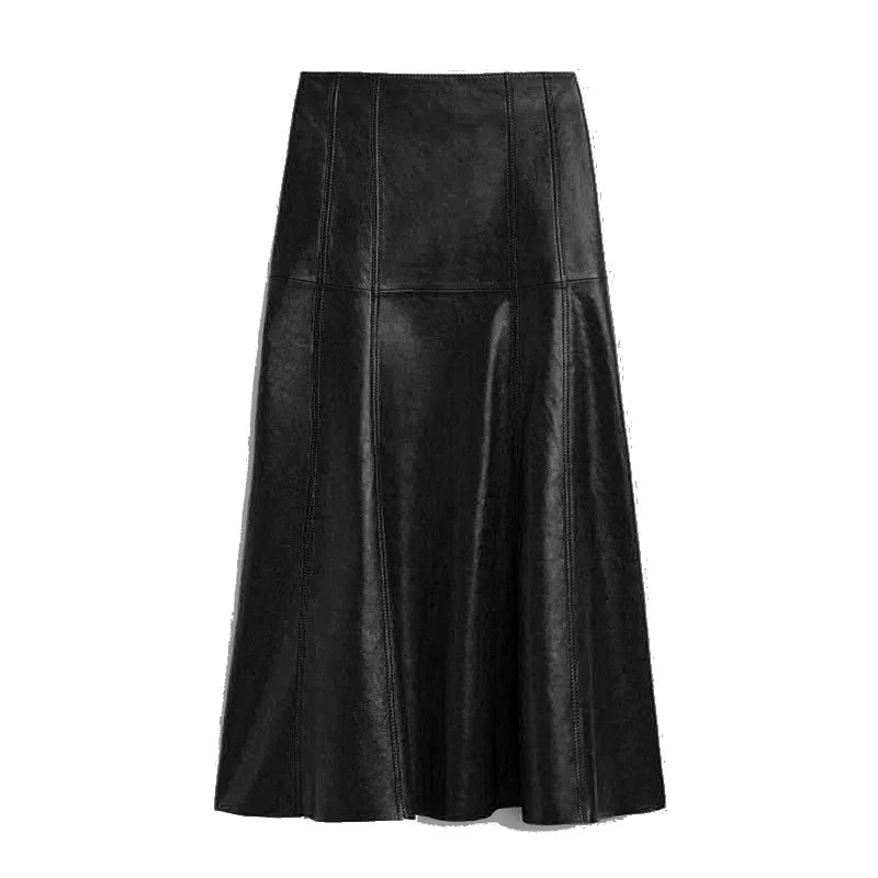 Leather Long Skirt Women New Fashion Attractive Seam Design Pleated Maxi Skirt L