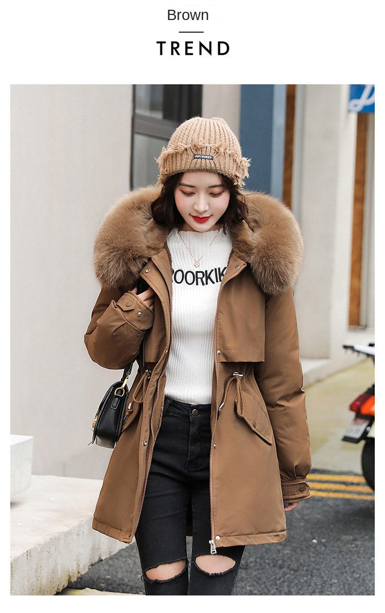 Women's Fine Wool Parka with Hood and Fur Collar, Warm Snowy Quilted Long Coat, Fashion Winter Outerwear 2023