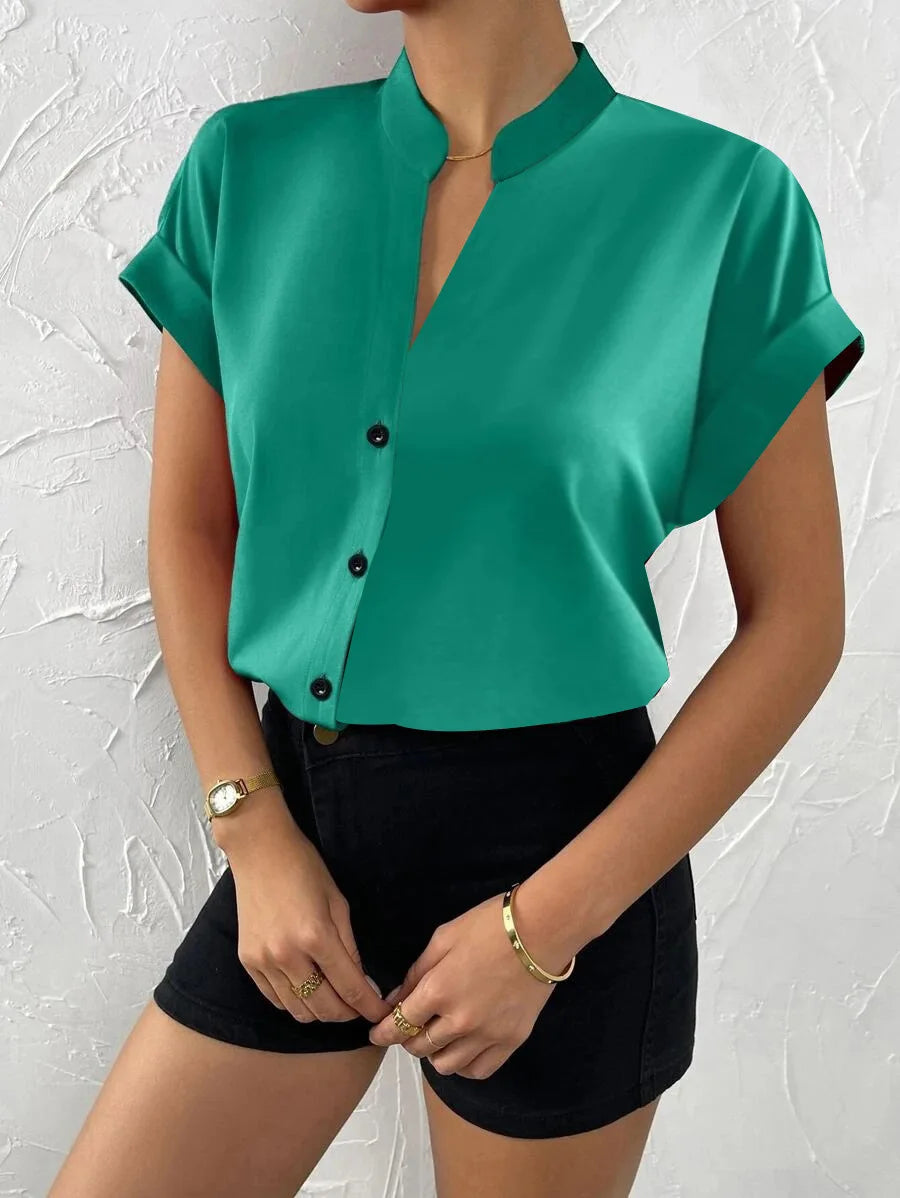 Women's Solid PU Leather Blouse – Sleek Button-Up Bodycon Top with Turn-Down Collar for Work