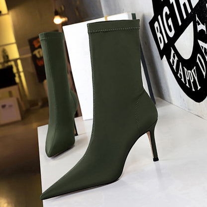 Women's Silk Sock Boots – 7.5cm/10cm Satin Pointed Toe Winter Ankle Booties in Green, Sexy Low Heels