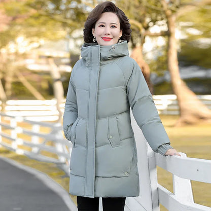 Monochrome Hooded Cotton Padded Parka for Middle-Aged and Grandmother, Long Coat with Fleece, Warm and Loose Fit, Winter Snow Coat