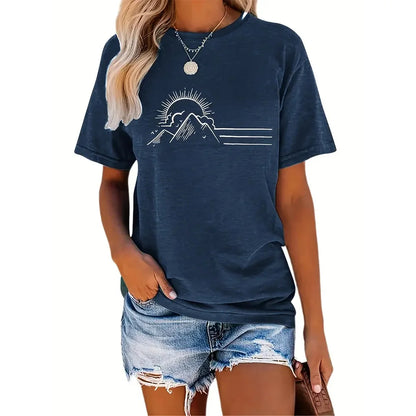 Women's Trendy Summer T-Shirt – Loose Round Neck Top with Mountain Sun Print for Casual & Party Wear