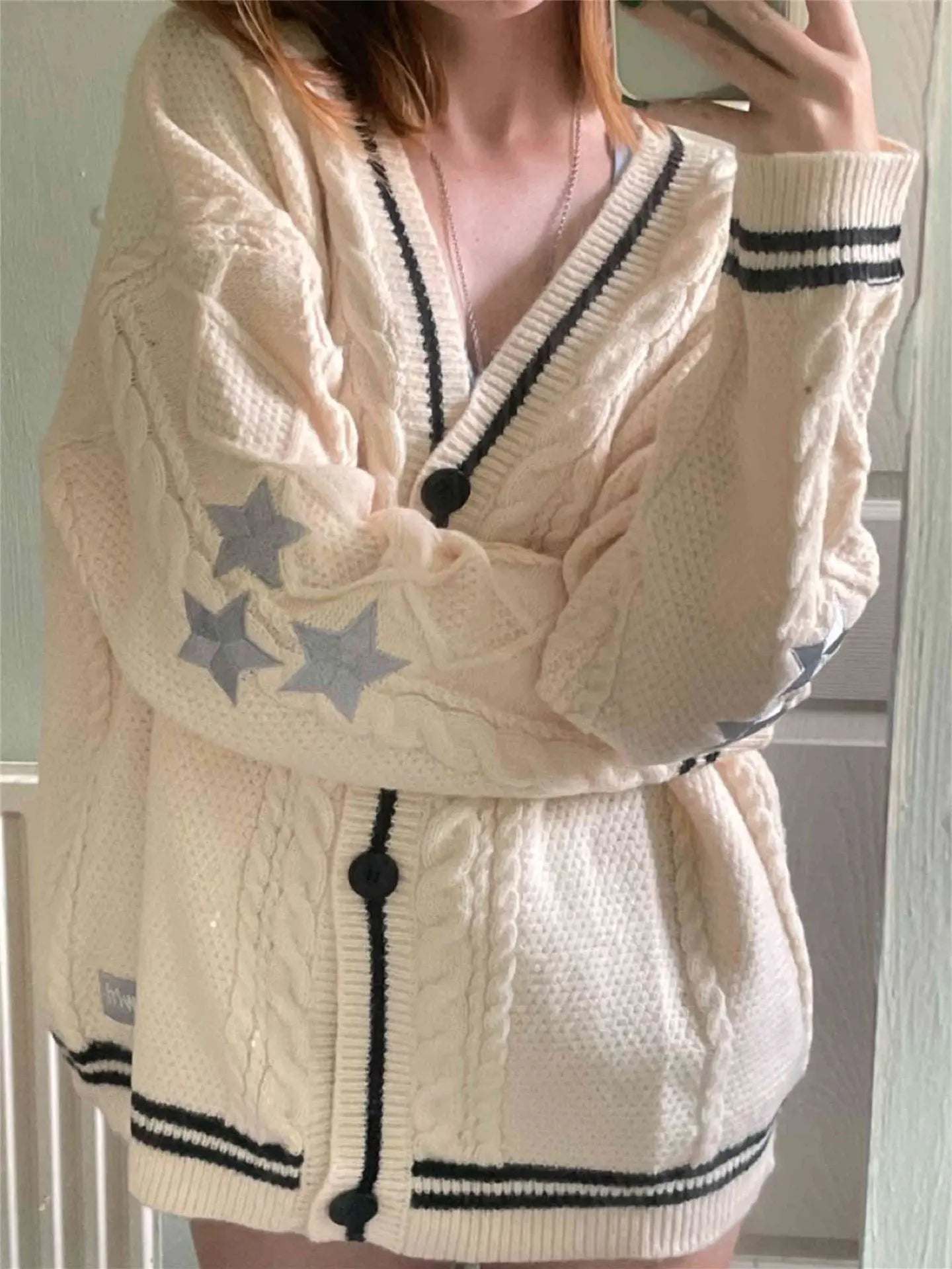 Bordado feminino estrela Y2K Cardigans de malha, suéteres vintage, peito único