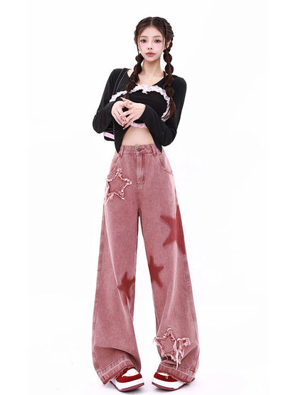 Jmprs Star Embroidery Y2K Jeans Women High Waist S-3Xl Sweet Denim Pants American Streetwear Loose Retro Female Design Trousers