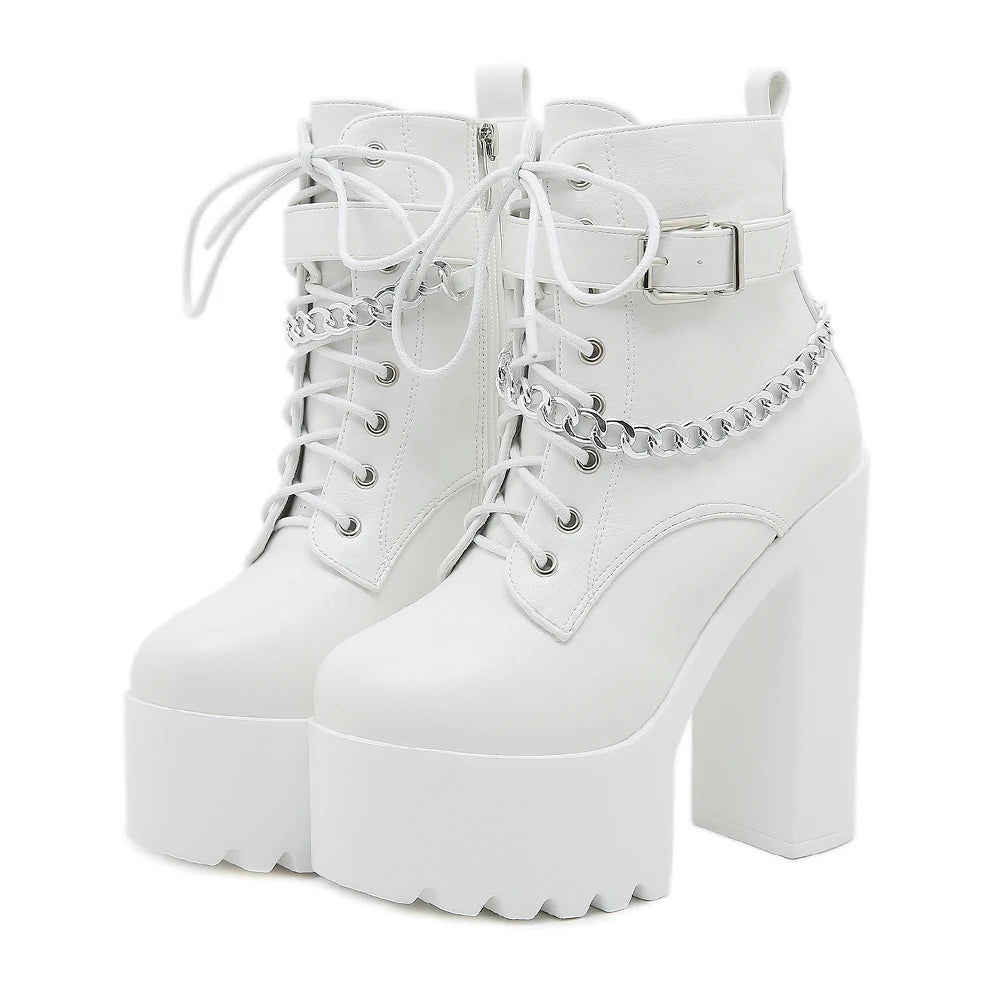 Women's Chain-Embellished Block Heel Boots – Fashionable Lace-Up, Side Zipper Platform Ankle Booties with High Heels