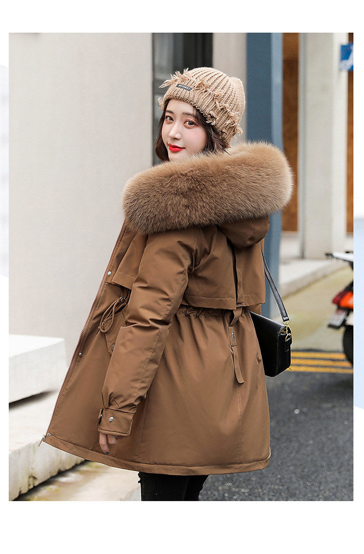 Women's Fine Wool Parka with Hood and Fur Collar, Warm Snowy Quilted Long Coat, Fashion Winter Outerwear 2023