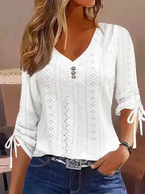 2024 Women's Long Sleeve V-Neck Blouse – Elegant Hollow-Out Bow Top with Casual Button-Up Design