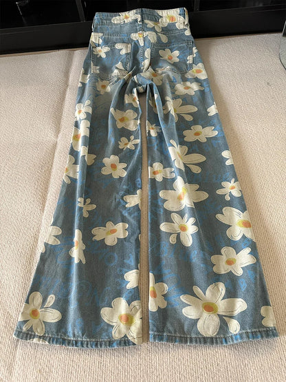 Floral Printed Wide Leg Jeans For Women High Waist Straight Denim Pants Spring Summer Loose Trousers S-3XL Plus Size Female