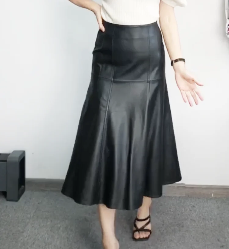 Leather Long Skirt Women New Fashion Attractive Seam Design Pleated Maxi Skirt L