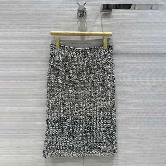 midi dresses spring and summer heavy fish scale sequins high waist open fork lon