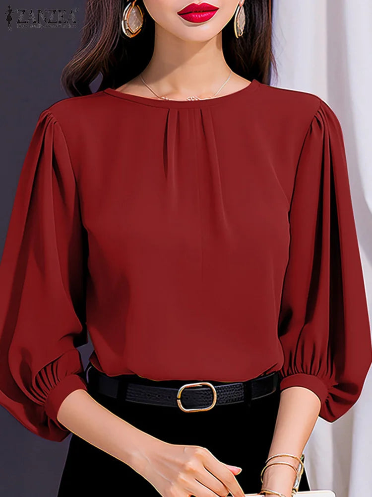 2024 ZANZEA Elegant 3/4 Lantern Sleeve Blouse – Loose-Fit Solid Top for Office, Party & Casual Summer Wear for Women