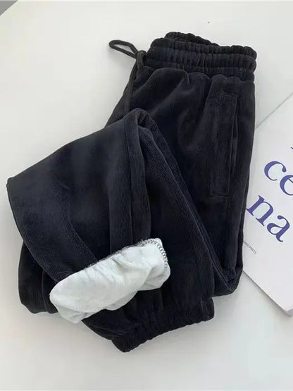 Calça de lã grossa e larga feminina, calça esportiva casual, corredores quent