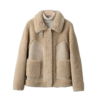 Casaco de lã de cordeiro curto feminino, jaqueta shearling granular, gola virad