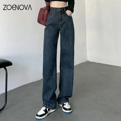 Zoenova calças jeans de cintura alta y2k moda feminina roupas azul preto perna