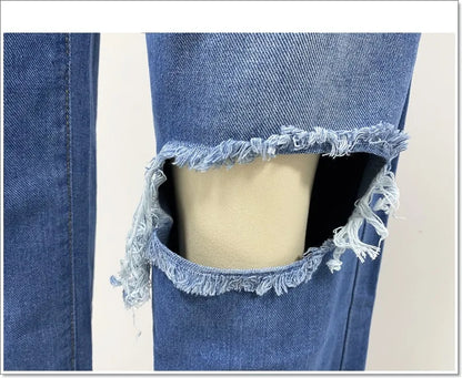 Calça jeans feminina de cintura alta, cintura larga, bolsos para lavar buracos,